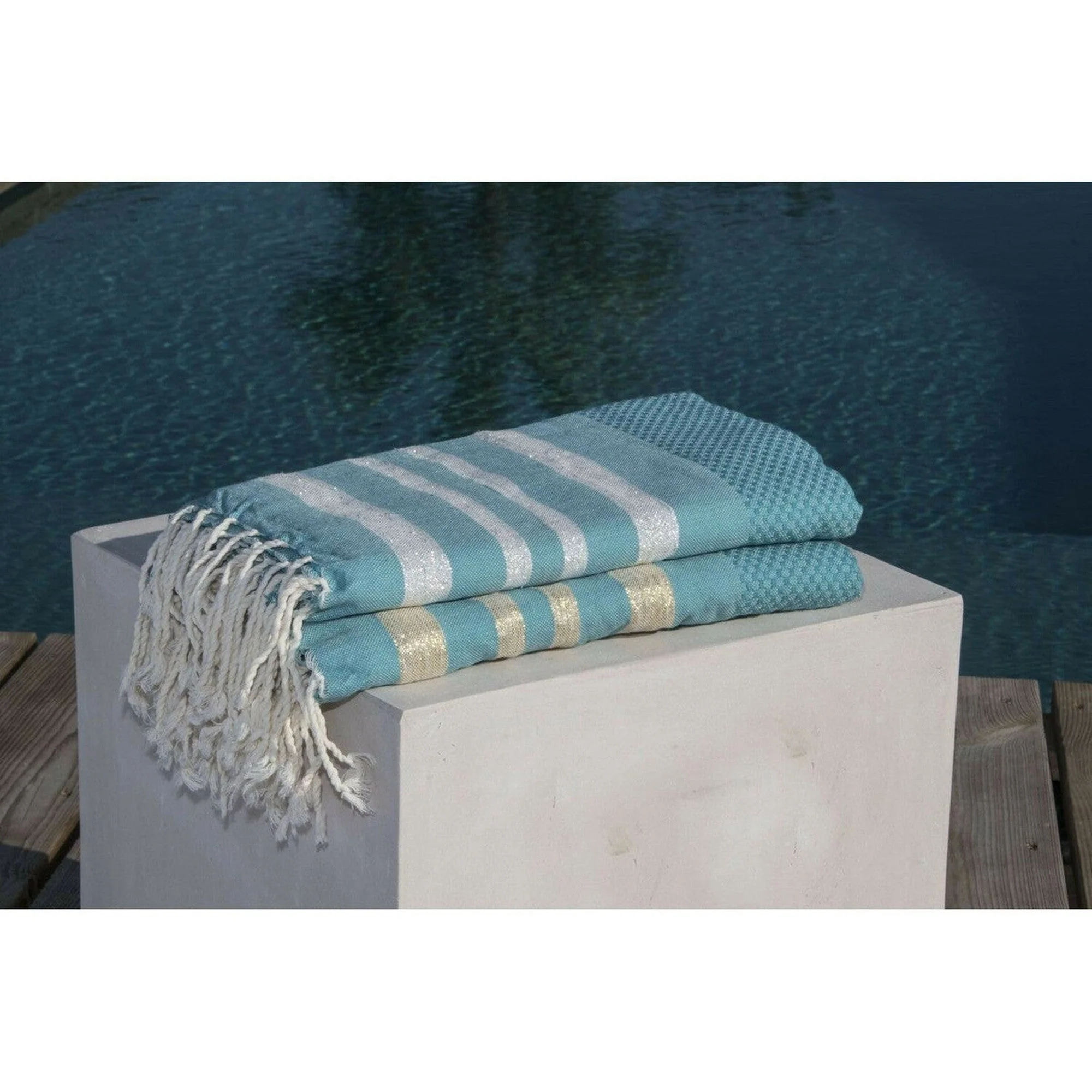 Fouta Nid D'Abeille - Coton - Vert Canard / Or - Hamptons - Image 2