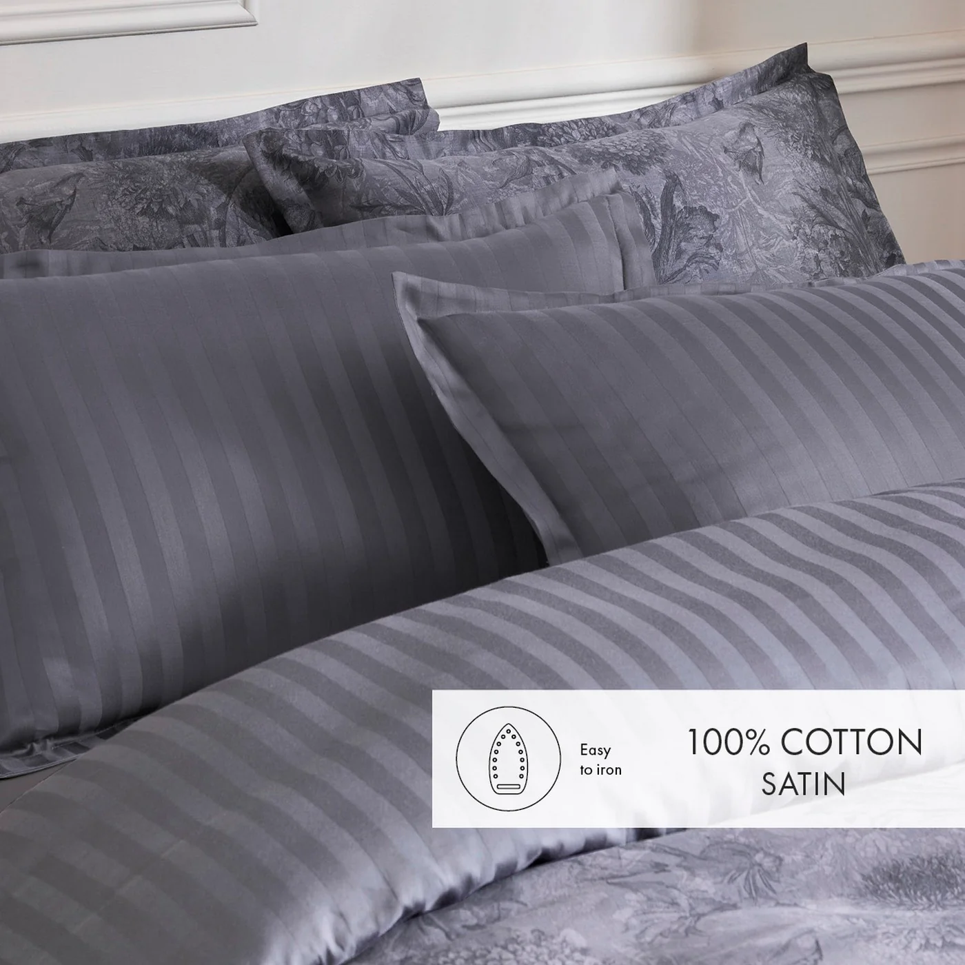 Set De 2 Taies D'Oreiller Satin De Coton - Gris Foncé - Toile Fleurie - Image 4